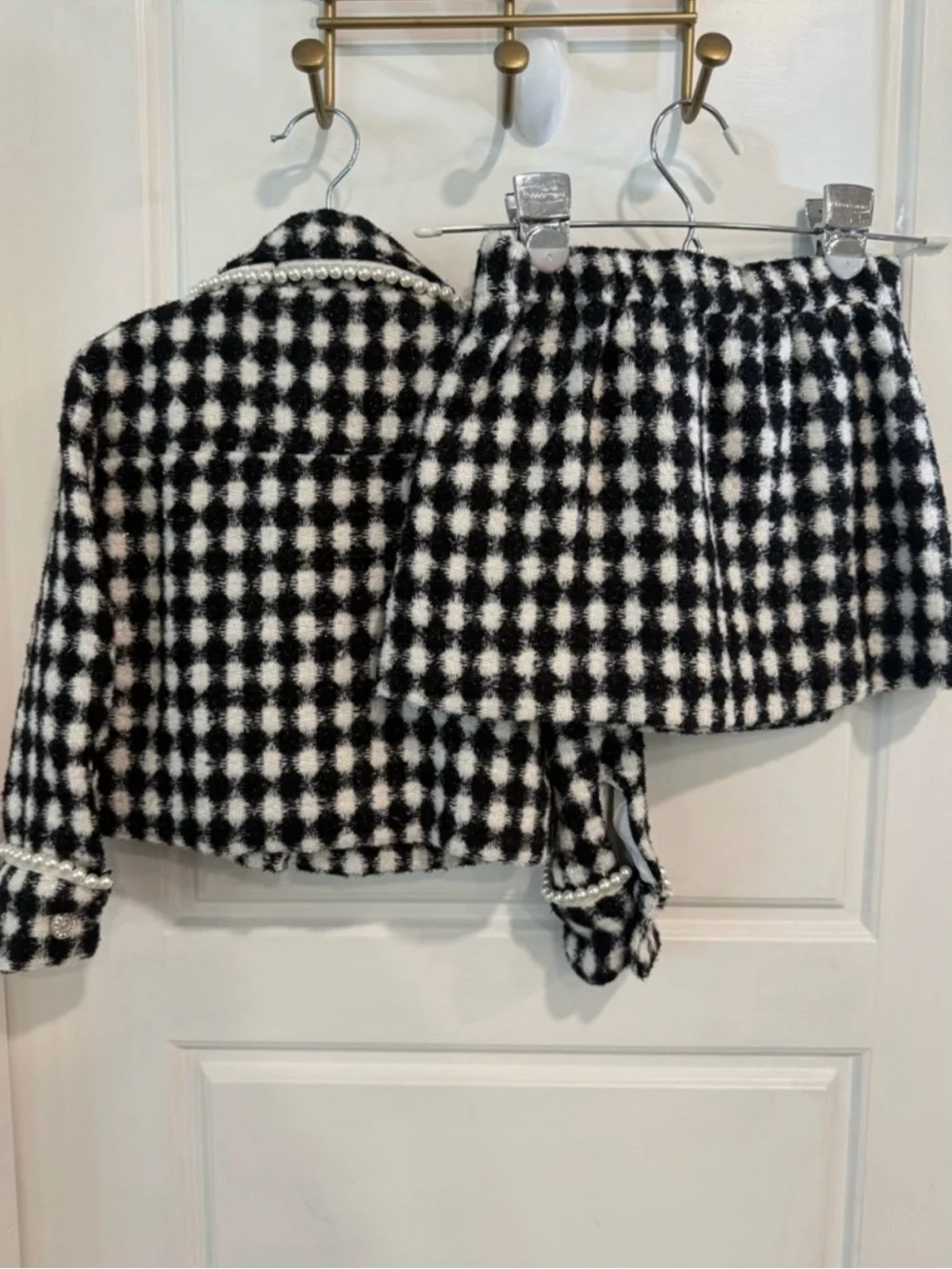 GB Girls Gianni Bini 3T Black White Checkered Tweed Pearl Jacket Skirt Set NWT